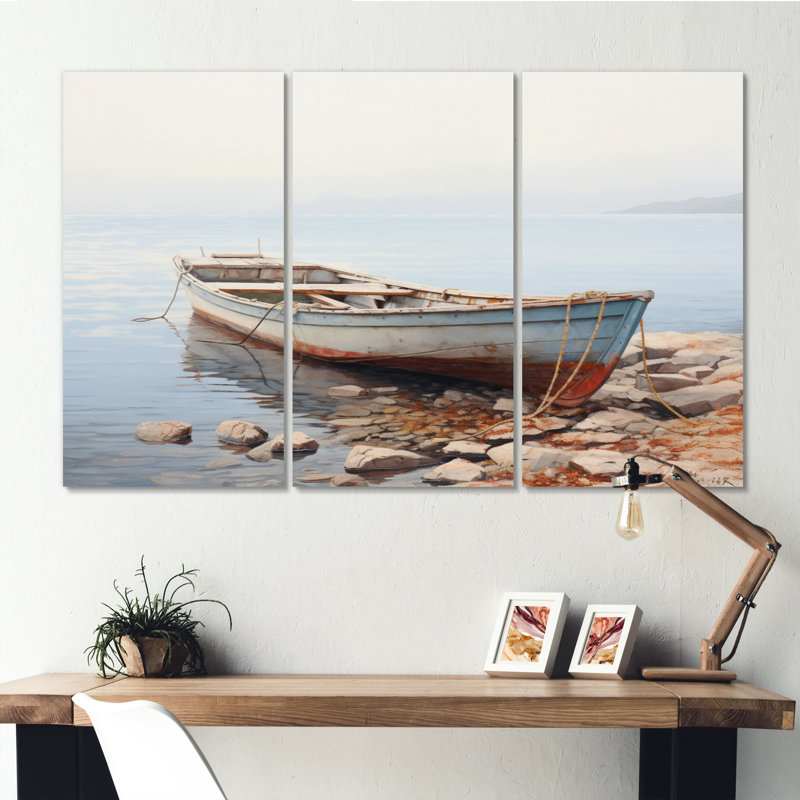 Bateau rivage contemplatif sur toile, reproduction de 3 pièces, H 28 po x l 36 po x P 1 po