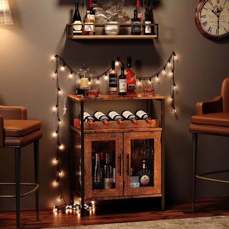 Rustic Brown Industrial Wine Bar Cabinet with Mesh Doors