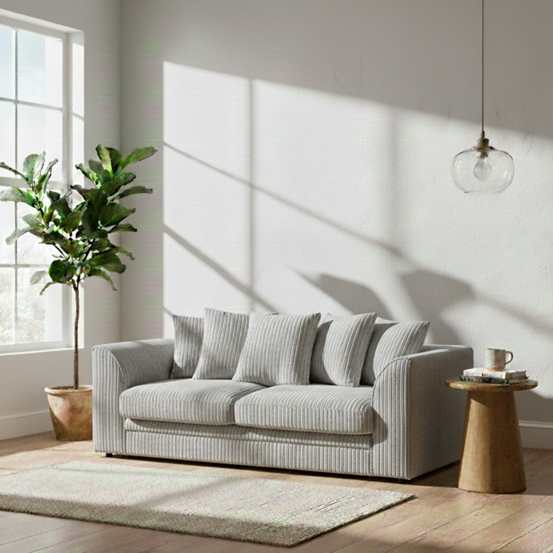 3 Seater Corduroy Sofa, Silver, 90cm H x 190cm W x 90cm D