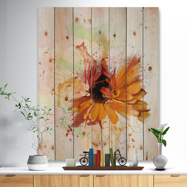 Winston Porter Sunflower Drawing With Paint Splashes On Wood Painting ...