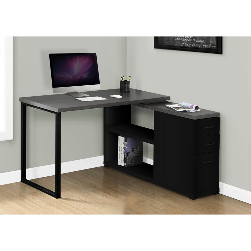 Bureau moderne en L pour bureau personnel, stratifié noir et gris, 3 tiroirs de rangement, espace de travail efficace en forme de bureau, tablette réglable, fonctionnel