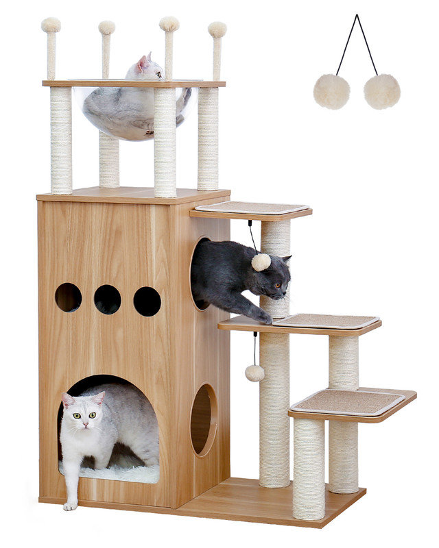 Arbre à chat de 51 po de style chateau moderne en bois, chat, chat