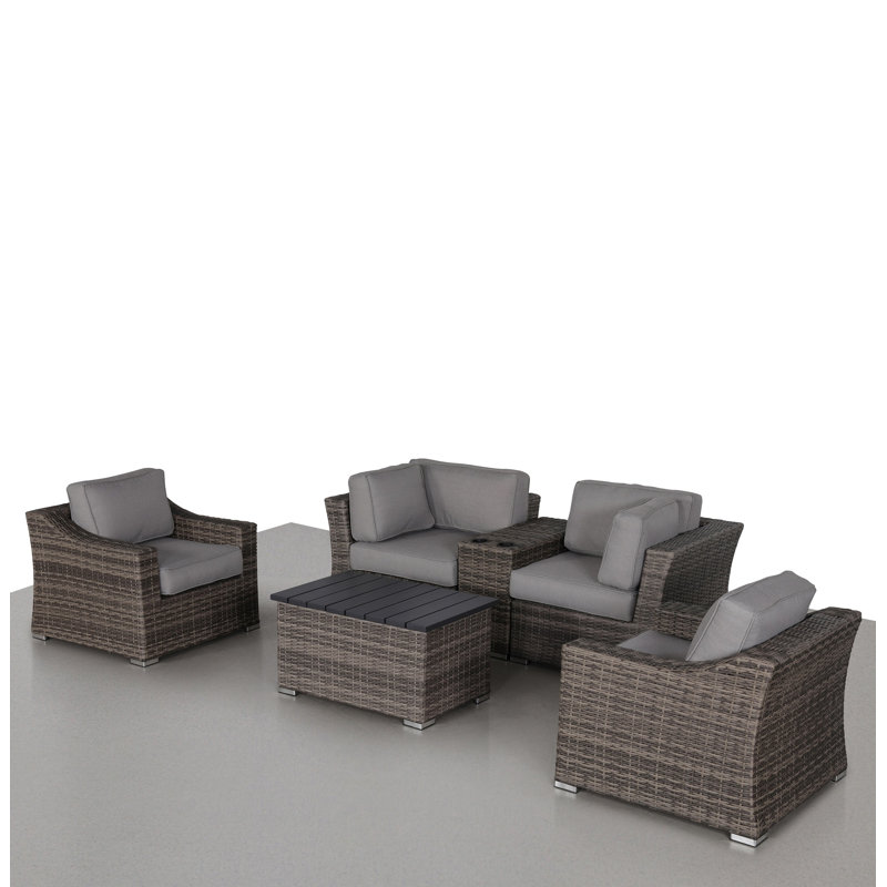 Ensemble de conversation en osier pour 4 personnes avec coussins Sidney