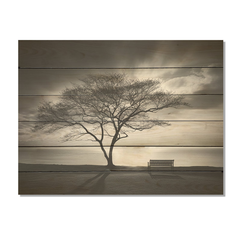 «Coastal Solitude Tree Skyline» - art mural bois de port côtier sur bois de pin naturel, H 10 po x l 20 po