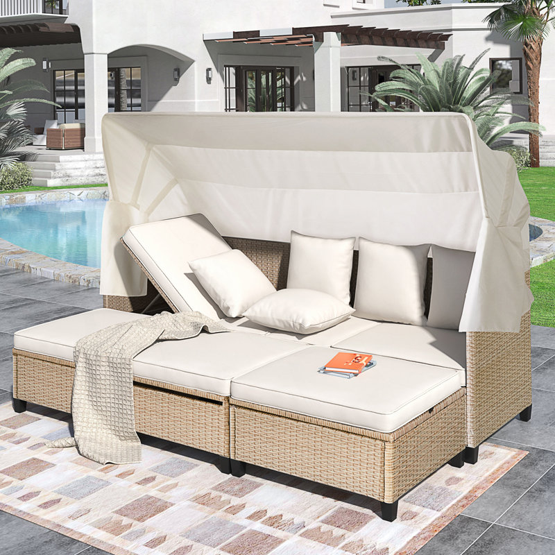 Ensemble 4 pièces de canapé de patio en résine tressée résistant aux rayons UV avec auvent rétractable, coussins et table élévatrice