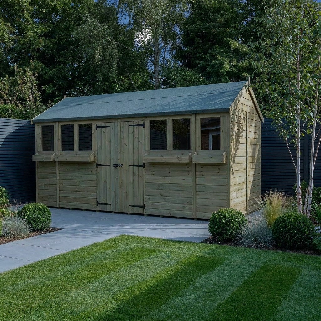 Total Sheds 18ft x 7ft Apex Summer Shed - Toughened Glass External Planters - Pressure Treated Timber - UK Manufactured