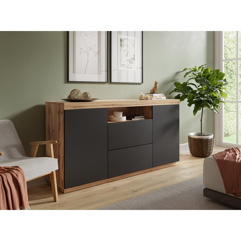 Tolliver 164cm W 2 - Drawer Chest of Drawers, Wotan Oak/Black