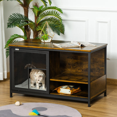 Chenil pour chat, cage pour animal de compagnie brune rustique élégante avec coussin et portes coulissantes pour chiens, cage pour chien, pour chats légers