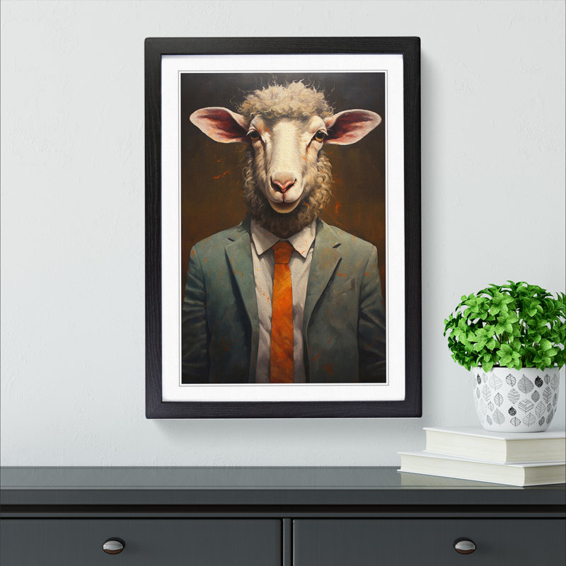 Sheep in a Suit Painting - Framed Print, 46cm H x 34cm W, Black Framed