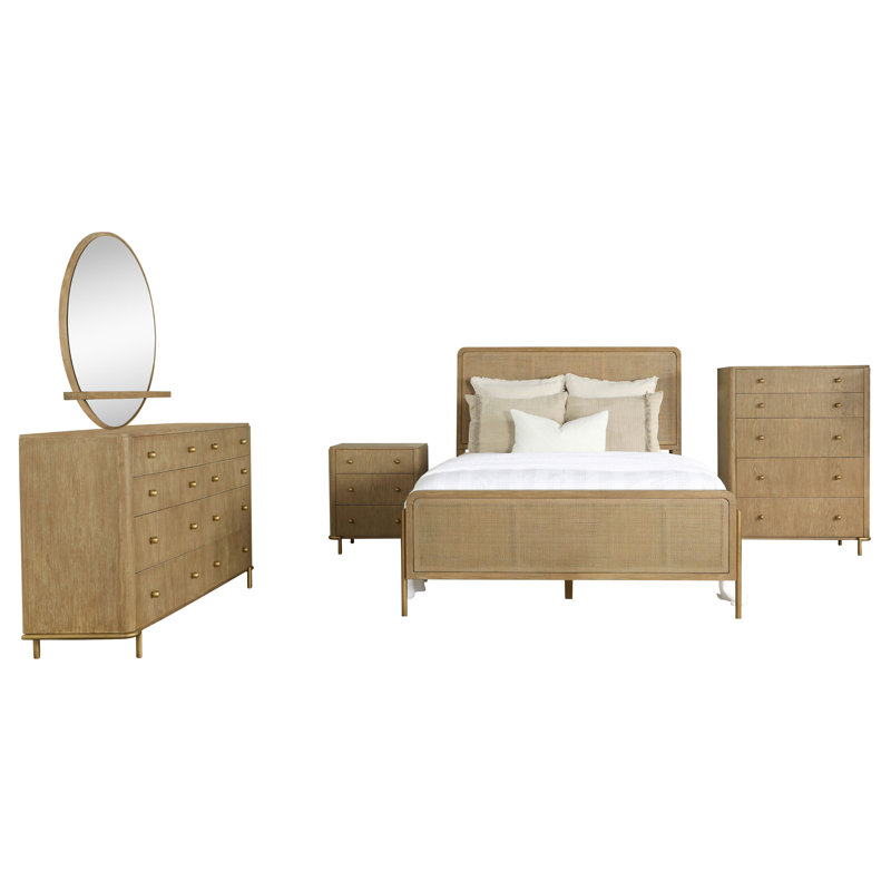 Ensemble de chambre avec grand lit 5 pièces Fij, miroir de commode rond, brun sable, rotin, Grand lit