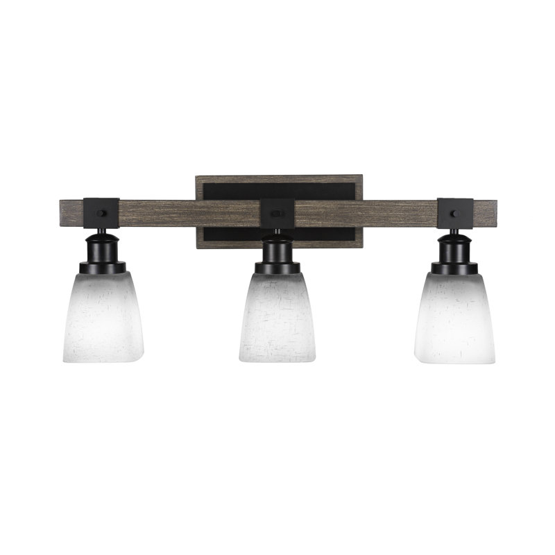Barre d'éclairage de salle de bain 3 lumières Causey, noir mat et métal d'aspect bois peint peint avec verre carré, 3
