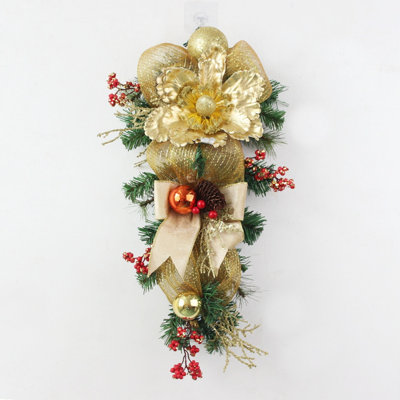 Ornement de Noël artificiel en forme de goutte, aiguilles de pin poinsettia de 23,6 po avec ornements en forme de boule, baies et couronne de larme en forme de pomme de pin pour porte d'entrée fenêtre de Noël porte d'escalier décorations de Noël