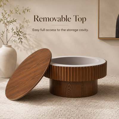 Table basse ronde à tambour cannelé de 31,5 po avec plateau amovible et rangement caché, table basse moderne en bois nervuré Caston