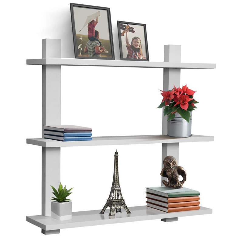 Sorbus 3-Tier Asymmetric Floating Wood Shelf, White, White