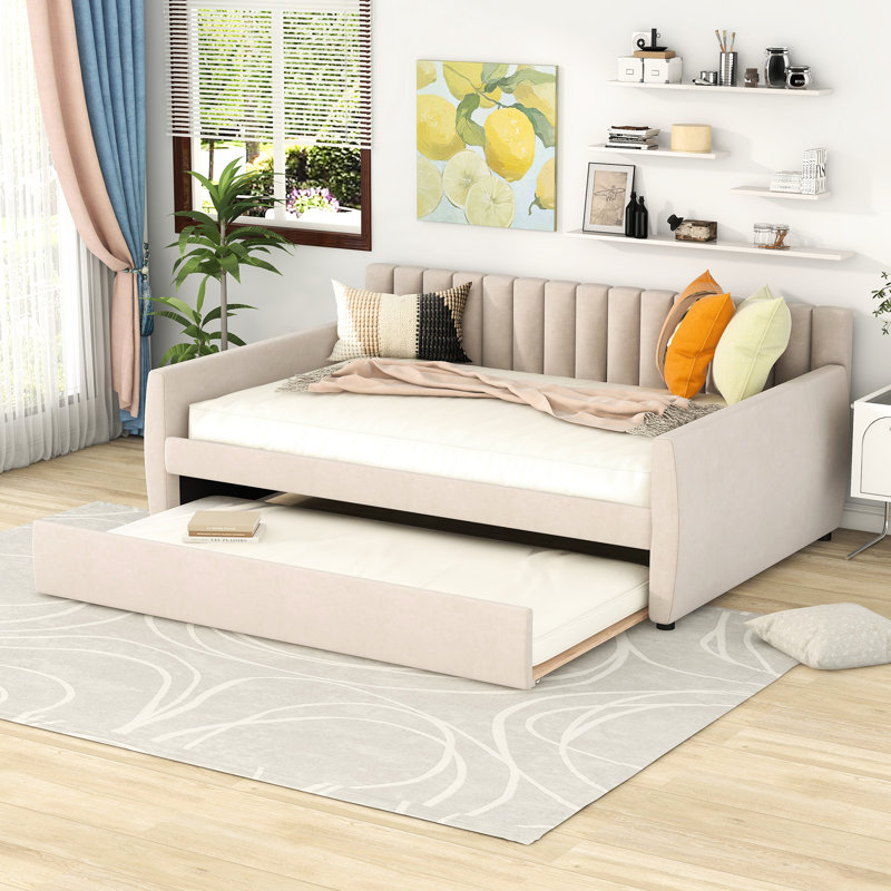 Lit de jour double avec lit gigogne et support en lattes de bois, beige, confortable pour les membres de la famille