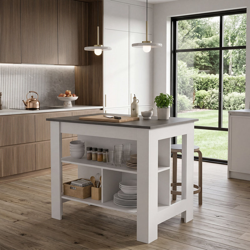Table pour îlot de cuisine Brooklyn, poste de travail spacieux avec 3 tablettes de rangement ouvertes et 4 pieds robustes, plateau en bois naturel, design moderne