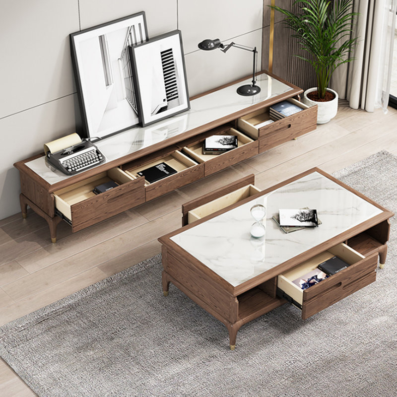 Table basse en frêne avec comptoir en pierre