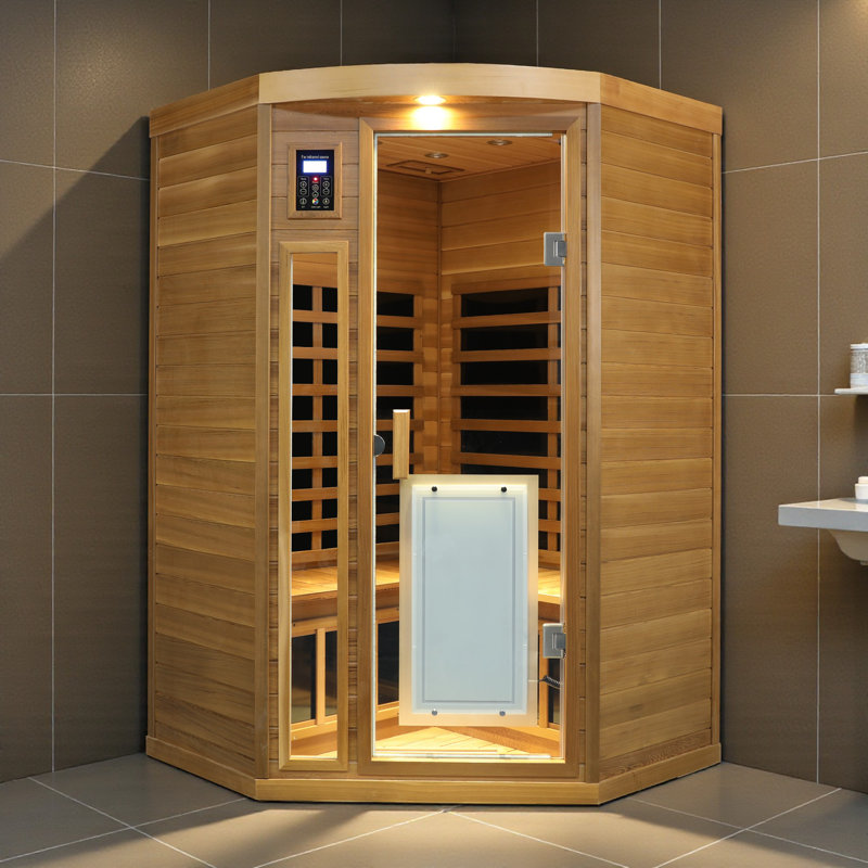 KISRAIS Indoor Corner Sauna, 2-Person Low EMF FAR Infrared Sauna With 2 LED Reading Lights, 3 Chromotherapy Lights, 1 Exterior Light & Bluetooth Speakers | Personal Indoor Dry Heat Sauna For Home & Gym – Made From Red Cedar