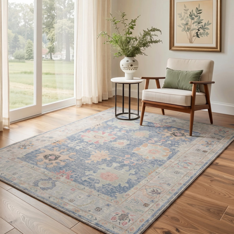 Tapis bleu / ivoire en patchwork lavable à la machine avec envers antidérapant, Rond 5 pi