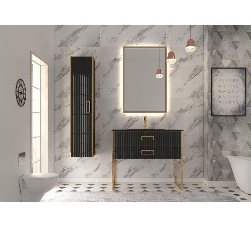 Meuble-lavabo de 48 pouces avec comptoir en verre et évier blanc / chrome Monaco, Noir, Or