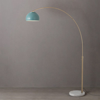 Lampe arc Ellerbe 92" - Style moderne du milieu du siècle, corps en laiton vieilli, abat-jour bleu piscine, base en marbre, intensité variable, pour salon ou chambre