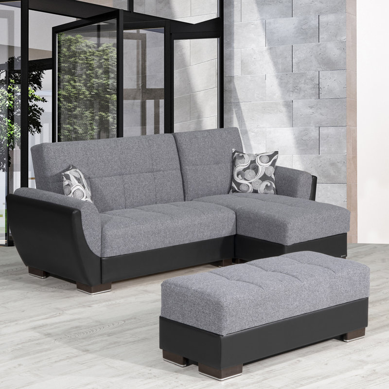 Repose-pieds rembourré avec rangement PrimeNest SkyHaven, Noir / chenille gris clair / similicuir