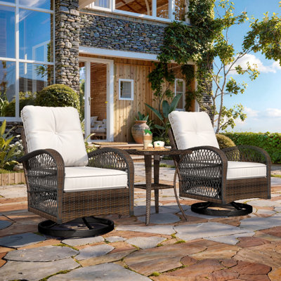 Outdoor Swivel Rocker Bistro Set - 3 Piece Wicker Patio Set With 2 Swivel Rocking Chairs, Cushions, And Tempered Glass Side Table, Perfect For Porch, Garden, Backyard, Poolside