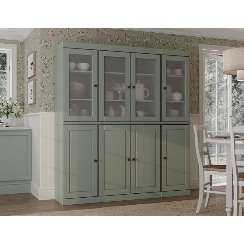 Vaisselier 100% bois massif 65 "avec portes en verre givré massif, 2 tiroirs et tablettes réglables, Sauge