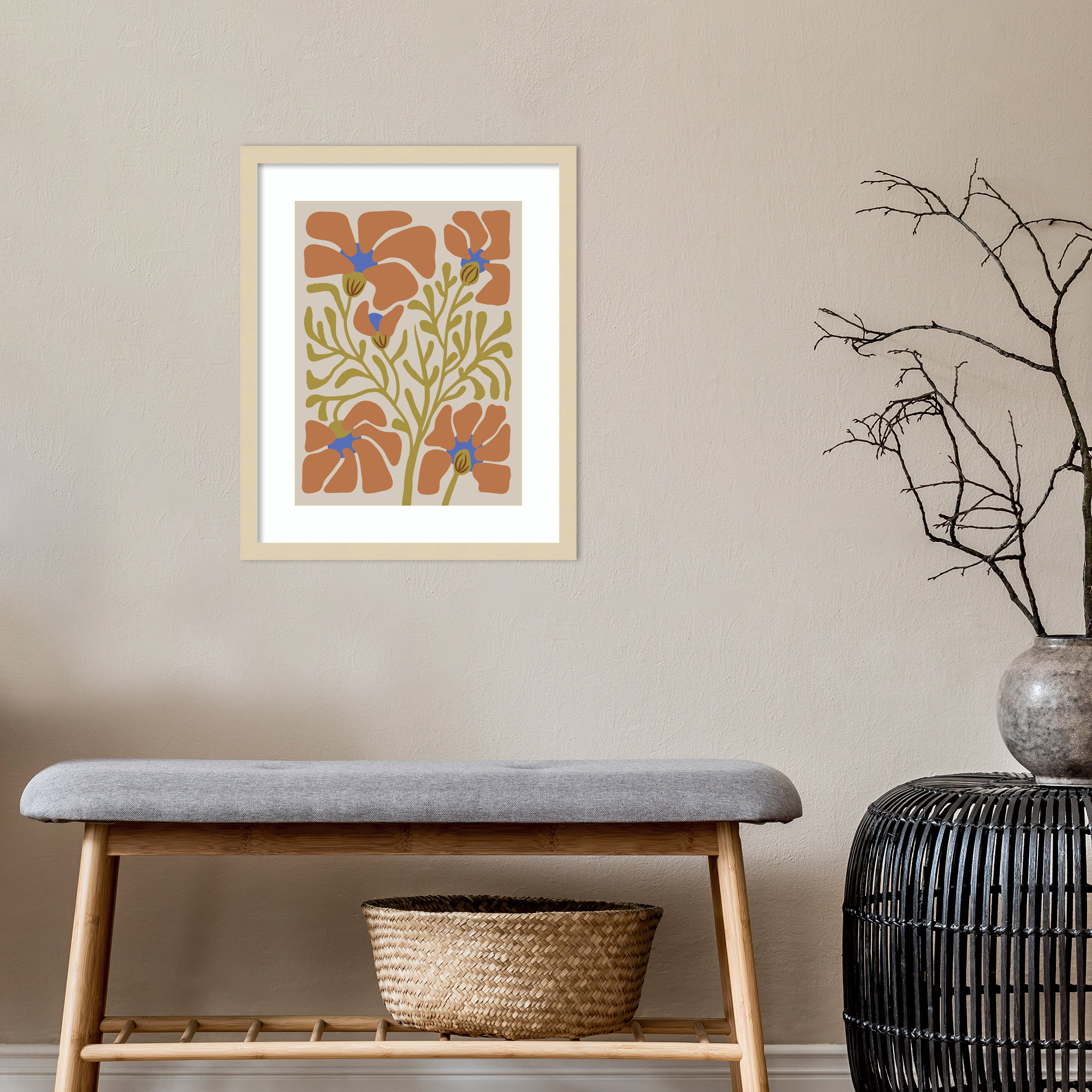 Expressive Abstract House Plant Orange On Tan Framed On Paper by The Creative Bunch Studio Print, Brown, 21" H x 17" W x 1" D
