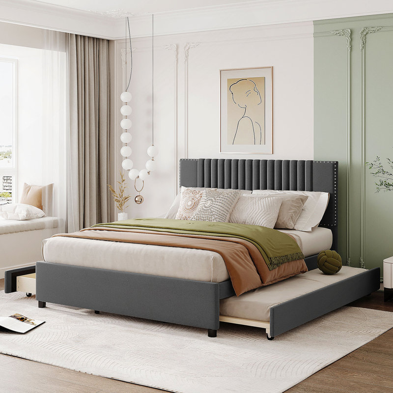 Lit plateforme tapissier avec 2 tiroirs et 1 lit gigogne Zarita, Grand lit, Gris