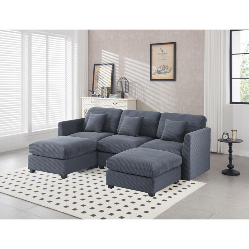 Virgus U-shaped  Corduroy Sectional Sofa With Ottoman, Gray Polyester Blend