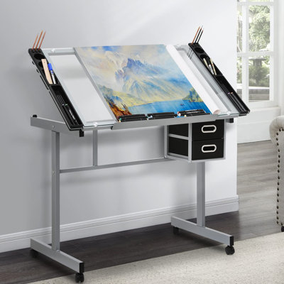 Craft and Drawing Table Workstation with Stool, Drafting Table with Slide-Out Tabletop and Drawers