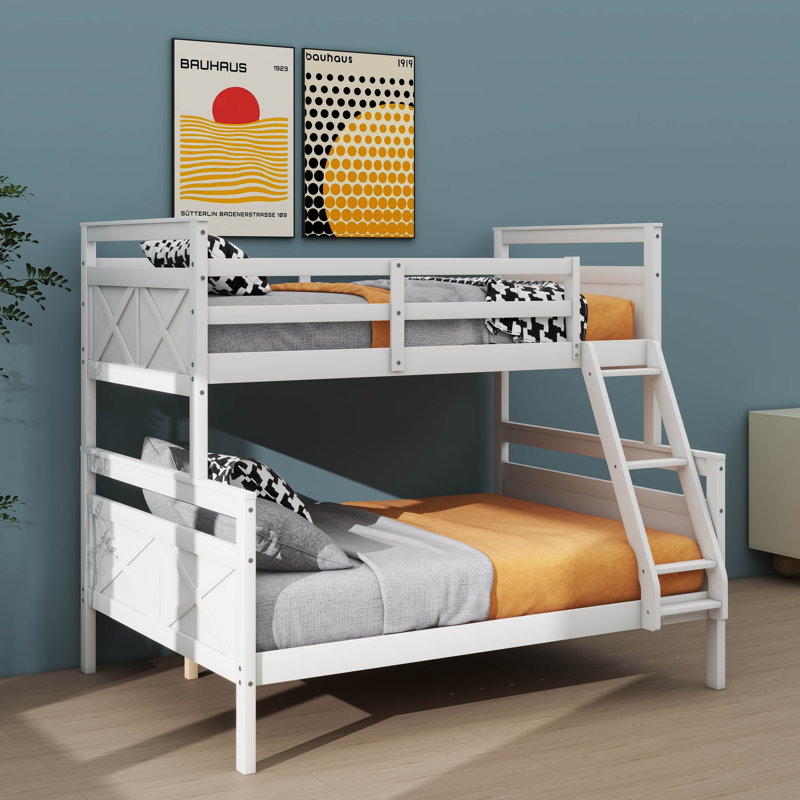 Fashionable Twin Over Full Bunk Bed With Safe Ladder And Protective Guardrail, White
