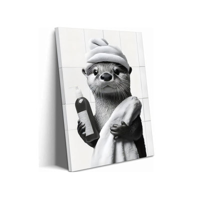 Funny Bathroom Otter Canvas Wall Art Cute Otter Painting Picture Wall Decor Black and White Bathroom Animal Poster Print Artwork for Home and Office Restroom Home Decoration 12x16in