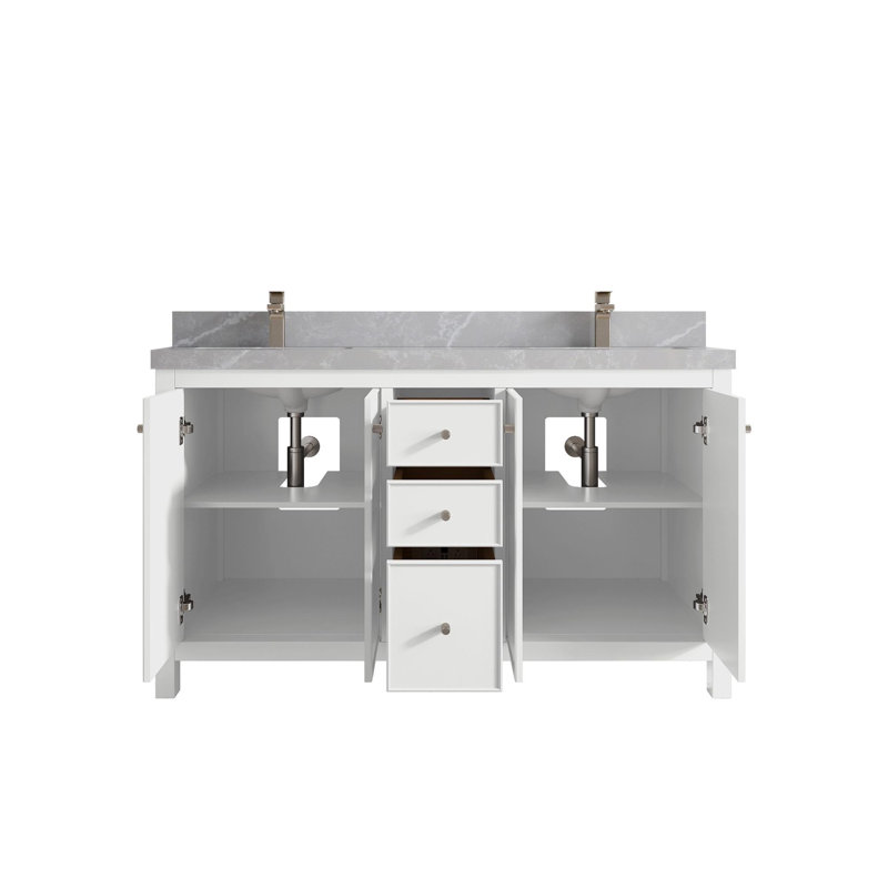 Chicago 60 " W Freestanding Standard Free Standing Single Double Vanity Bathroom Vanity With Quartz Top, Pearl Gray