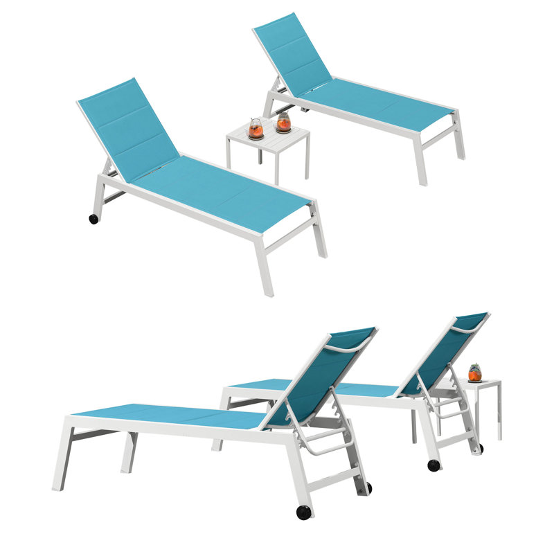 Chaise longue d'extérieur en métal avec table, Turquoise