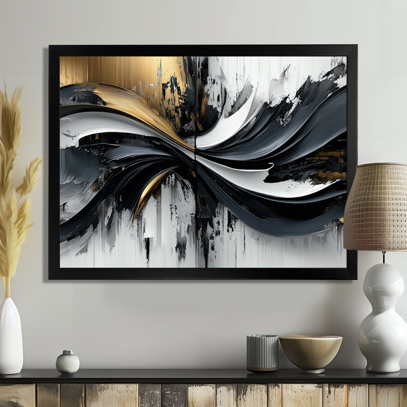 Goldern Black Shifting Ink Waters II - Art mural moderne transitionnel abstrait, Noir, noir, noir, noir, H 12 po x l 20 po