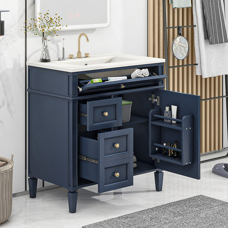 30 Inch Modern Bathroom Vanity With Top Sink, Ample Storage, And Durable Design For Efficient Organization, Dark Blue
