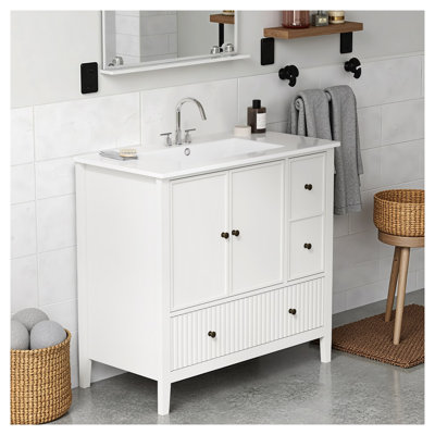 Meuble-lavabo moderne de 91 cm (36 po) avec lavabo en céramique intégré, armoire de rangement blanche avec tiroirs et portes