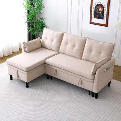 L-Shaped Reversible Chaise Sectional Sofa With Storage - Cotton-Linen, Beige, Office & Apartment Ready