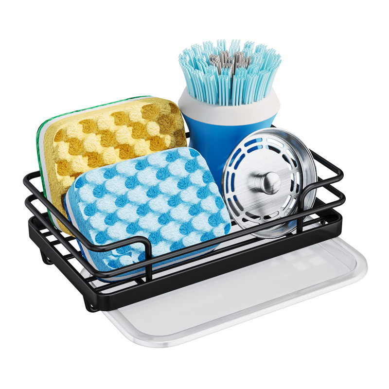 Porte-éponge en acier inoxydable noir - Organisateur peu encombrant pour la cuisine et la salle de bain avec plateau de drainage