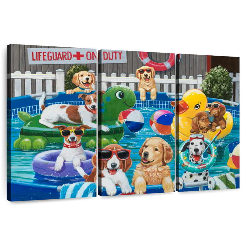 Chiot à la piscine, H 42 po x l 65 po