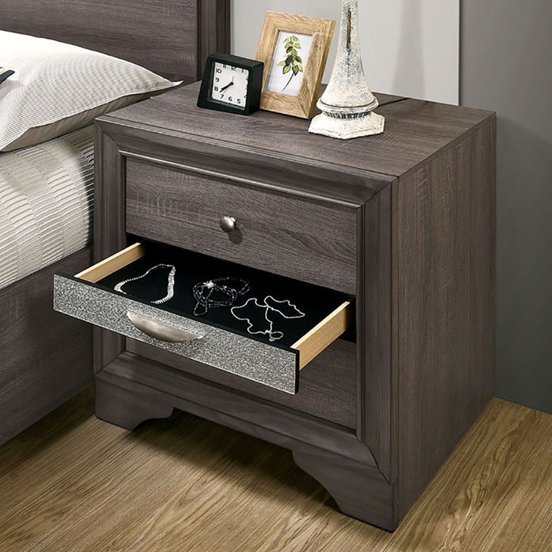 Table de chevet 3 tiroirs en bois avec boutons ronds en nickel, gris