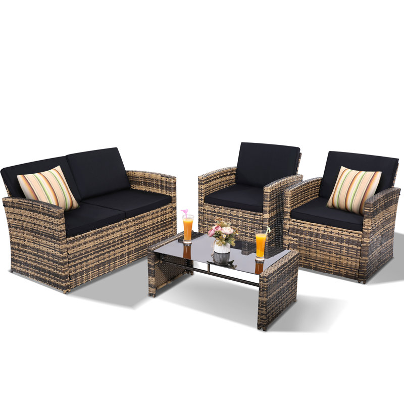 Ensemble de patio modulaire en osier 4 pièces avec coussins et table en verre 4 pièces, Structure naturelle / coussin noir