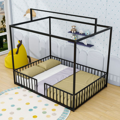 Metal Floor Bed With Safety Guardrails And Sturdy Slats, House-Shaped Design