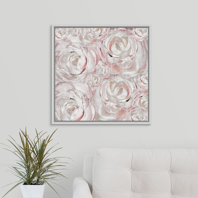 « rosé double iii », peinture sur toile, H 25,7 po x l 25,7 po, Reproduction avec cadre flottant, Blanc