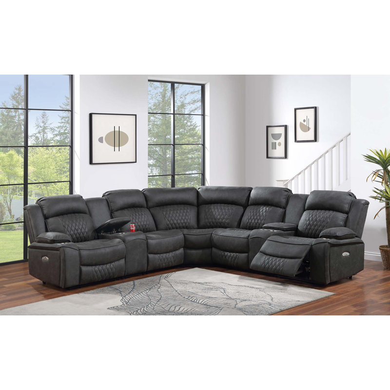 Power Reclining Sectional, Charcoal Faux Leather