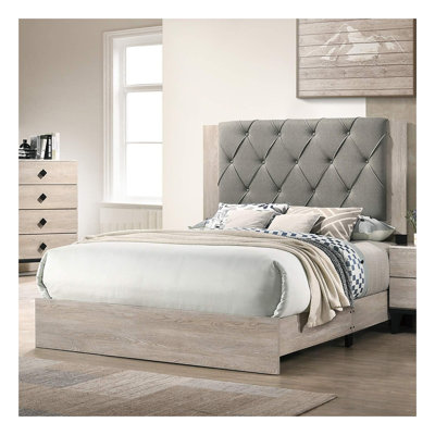 Contemporary California King Size Bed with Gray Tufted Upholstered Headboard - Cream Finish Rubberwood Bed Frame for Modern Bedroom Furniture