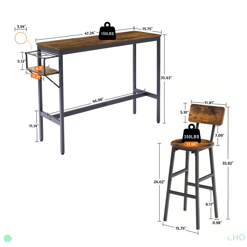 Bar Table Set With Wine Bottle Storage Rack. Rustic Brown, 47.24'' L X 15.75'' W X 35.43'' H.