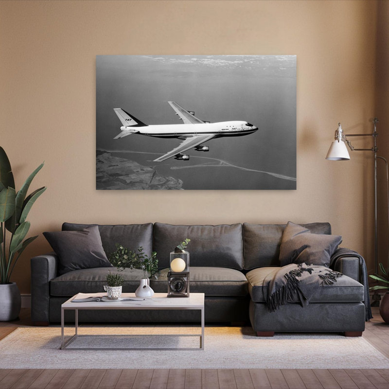 Boeing 747 en vol des années 1960, architecture rétro rétro, art urbain classique, H 40 po x l 60 po